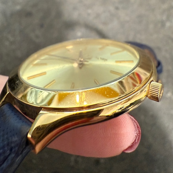 Michael Kors Gold Dial Watch with Slim Navy Blue Leather Strap - Picture 10 of 12